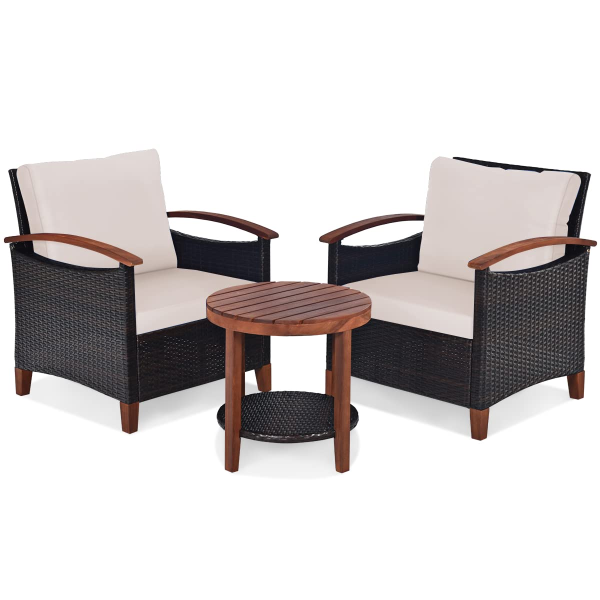HAPPYGRILL 3 Pieces Patio Conversation Set Outdoor Rattan Wicker Sofa Set with Cushion & Acacia Wood Frame, Coffee Table and Chairs Set for Garden