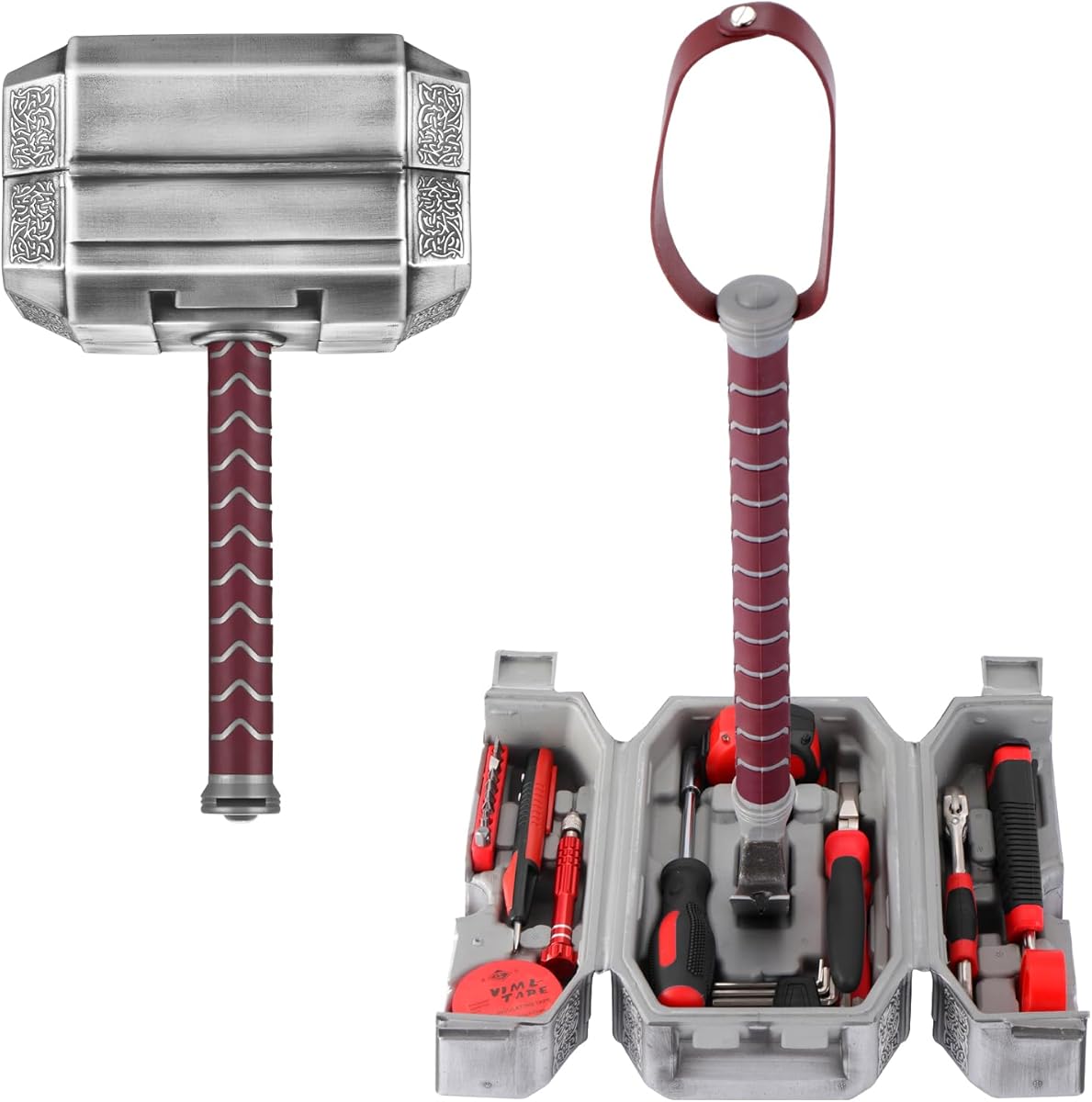 Thor Hammer Tool Box, 28pcs Multifunctional Home Repair Tool Set Excellent Hand Tool Novelty Christmas Gift for Men Prop Hammer (Silver)