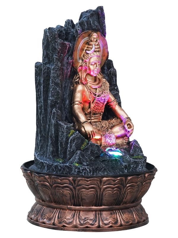 Image of Golden and Grey Polyresin Tabletop Lord Shiva Rock Finish Indoor Waterfall Fountain for Home Decor with Multicolour LED & Speed Control Pump (Size: 27 x 27 x 43CM | Weight: 2060Gram)