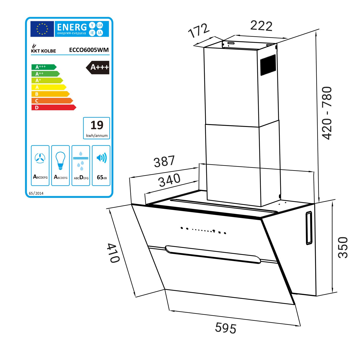 KKT KOLBE Dunstabzugshaube 60 cm 782 cbm/h Umluft Abluft Kopffrei Wandhaube Weiß Glas Smart WiFi WLAN RGBW-LED ECCO6005WM