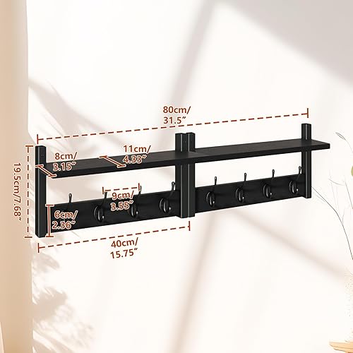 Miniatura 6 de YMYNY Perchero con Estante de Pared, Juego de Ganchos para Abrigos de 2, Perchero de Entrada con 8 Ganchos, Estante Flotante de Pared de 31.5" con
