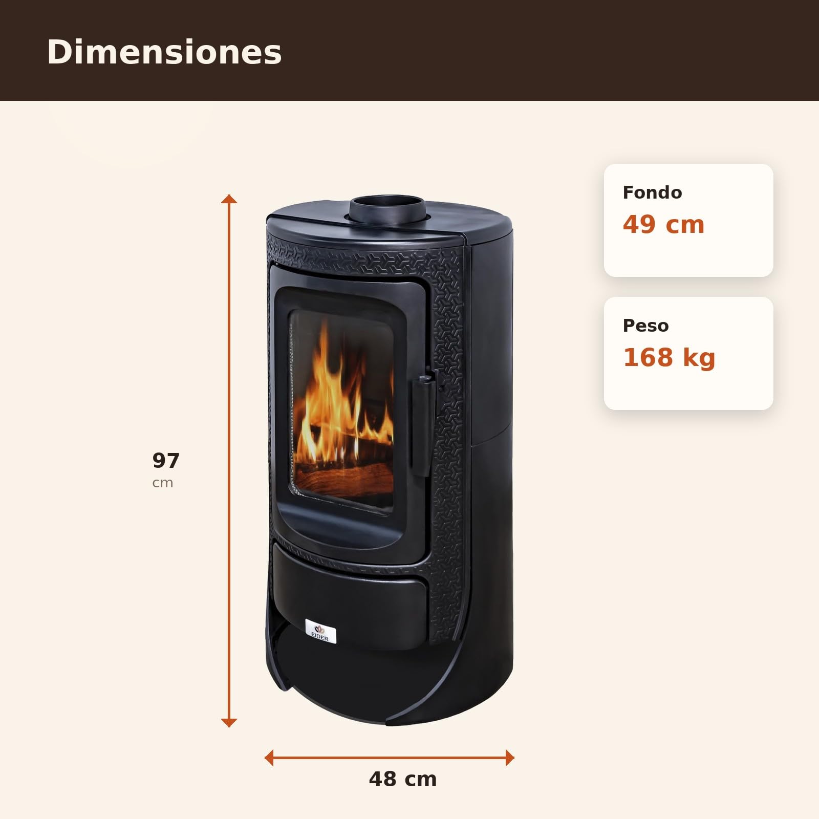 EIDER BIOMASA Estufa de Leña ALTAIR – 11,8 kW – Hierro Fundido – Doble Combustión – hasta 230 m³ – Cristal Panorámico – Calefacción Salón – Certificada CE