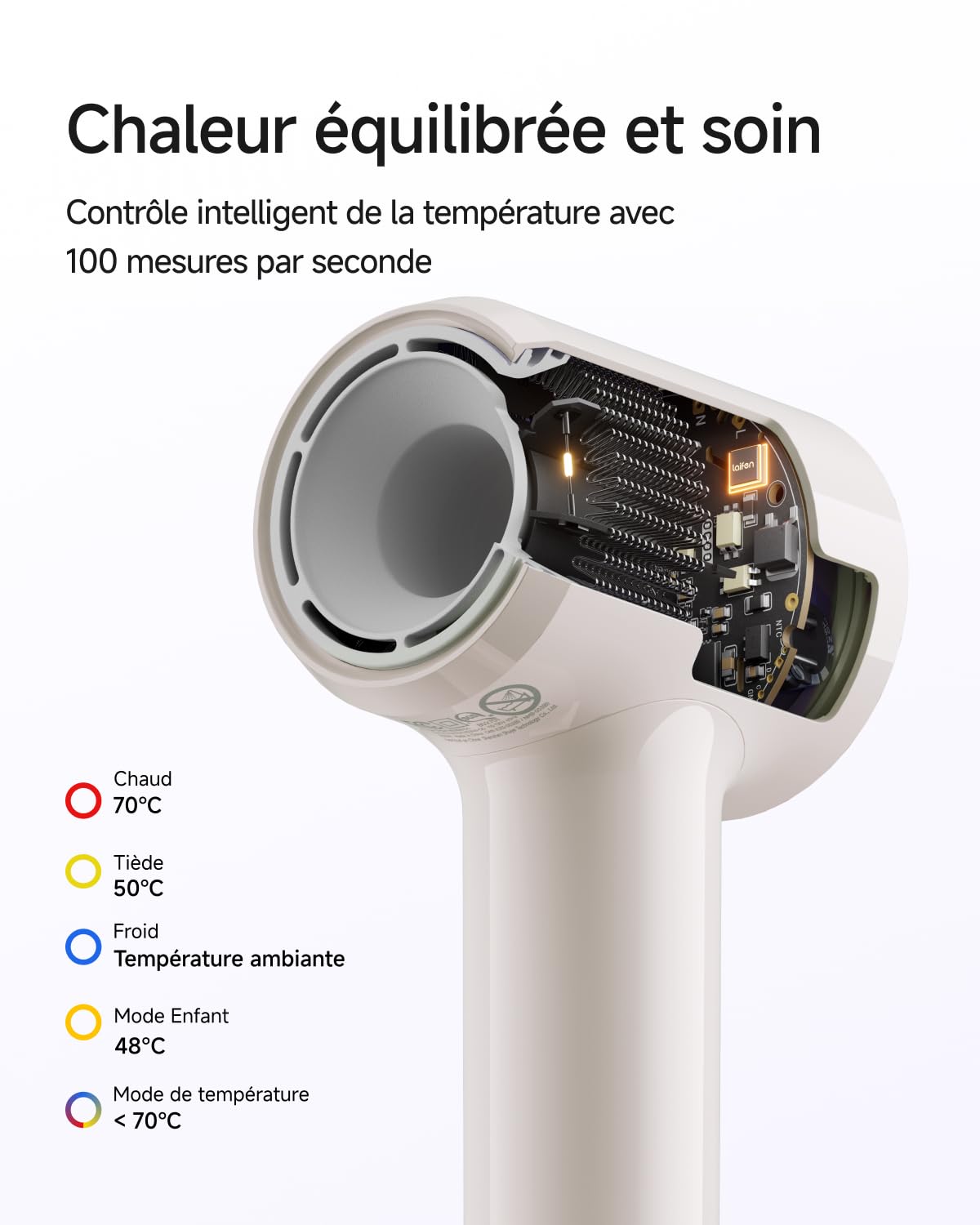 Laifen Air Sèche-Cheveux Ultra-Léger 280 g, 200 Millions d'Ions Négatifs, Séchage Rapide en 3 Min, Silencieux 60 dB avec Mode Enfant & Embout Lissant, Idéal pour le Voyage (Beige Thé au Lait)