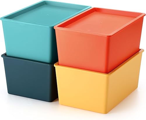 Menkxi 4 contenedores de almacenamiento grandes y coloridos con tapa de 10.6 x 7.5 x 4.7 pulgadas, cesta de almacenamiento de plástico apilable,