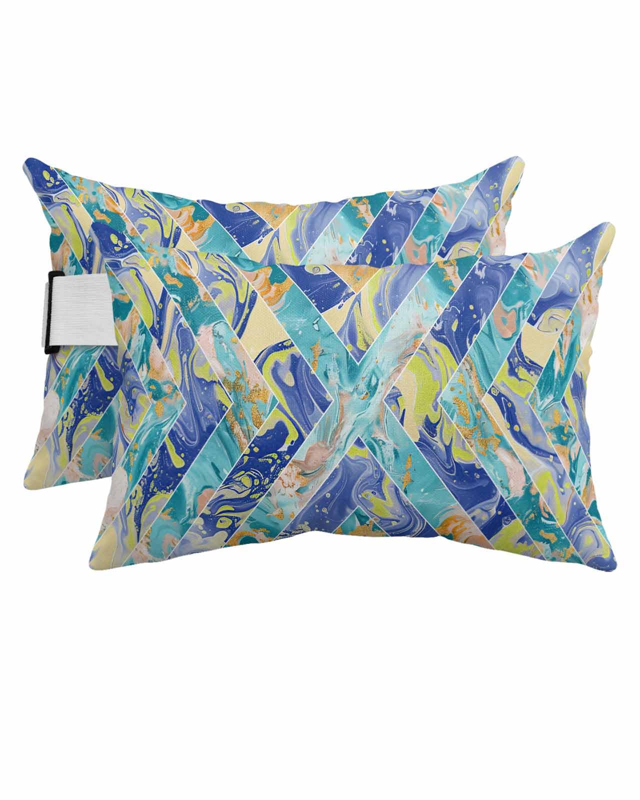 Outdoor Chaise Lounge Head Pillow, Geometric Marble Soft Lumbar Pillows with Elastic Straps and Insert, 2 Pack Contemporary Art Teal Yellow Blue Headrest Cushion for Patio Pool Beach 11