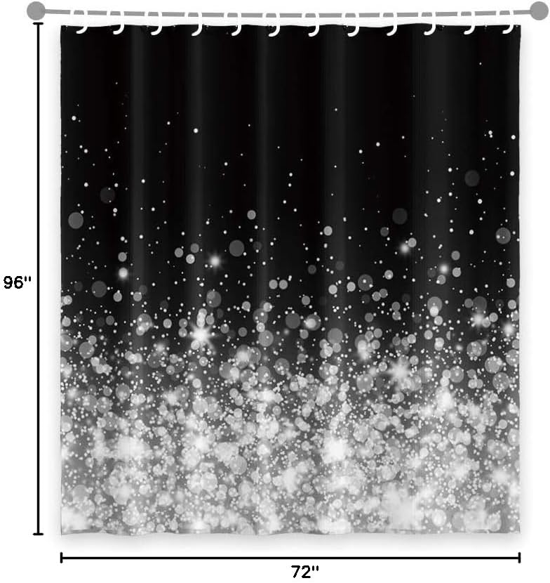 OERJU 72x96inch Sparkly Dots Shower Curtain Beautiful Romantic Dreamlike Night Black White Art Glitter Girly Style Waterproof Fabric Bathroom Polyester Shower Curtain for Bathtub Showers with Hooks
