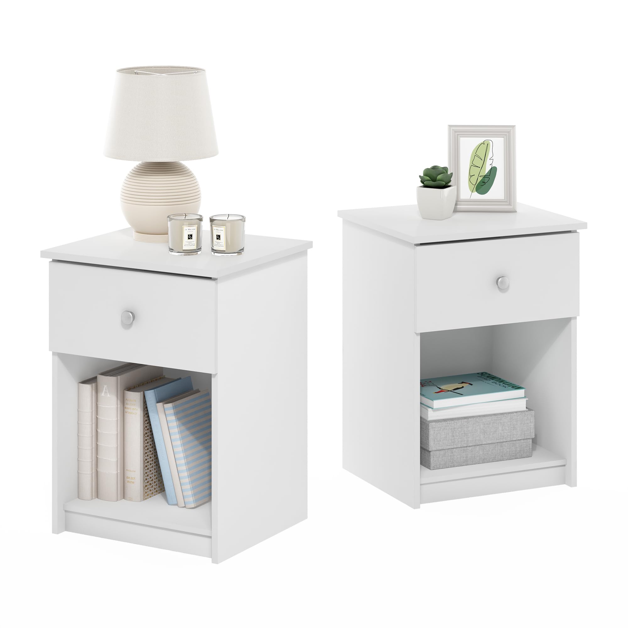 Furinno TIDUR Night Stand Set of 2, Nightstand with Drawer, Bedside Table, End Table, Side Table with Storage Shelf, Knob Handle Drawer, for Bedroom, Living Room, White