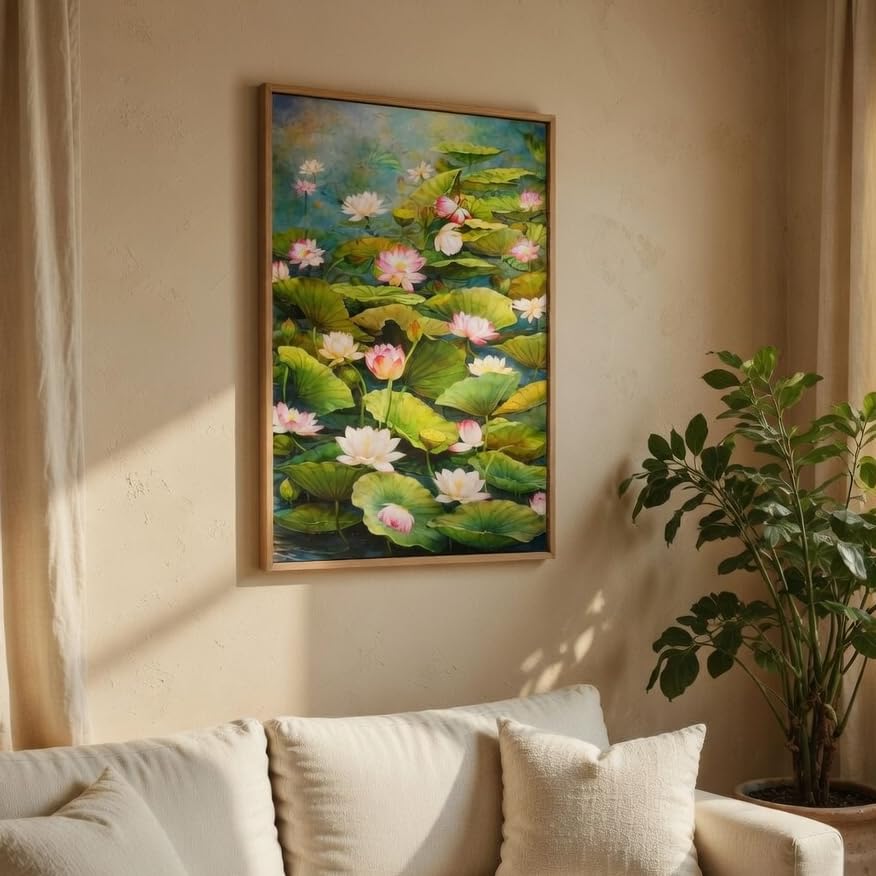 Image of Livin'luxe Lotus Pond Wall Painting with Wooden Frame | Elegant Lotus Flower Nature Artwork HD UV Laminated MDF Wall Decor | Floral Water Garden Wall Art for Living Room Bedroom