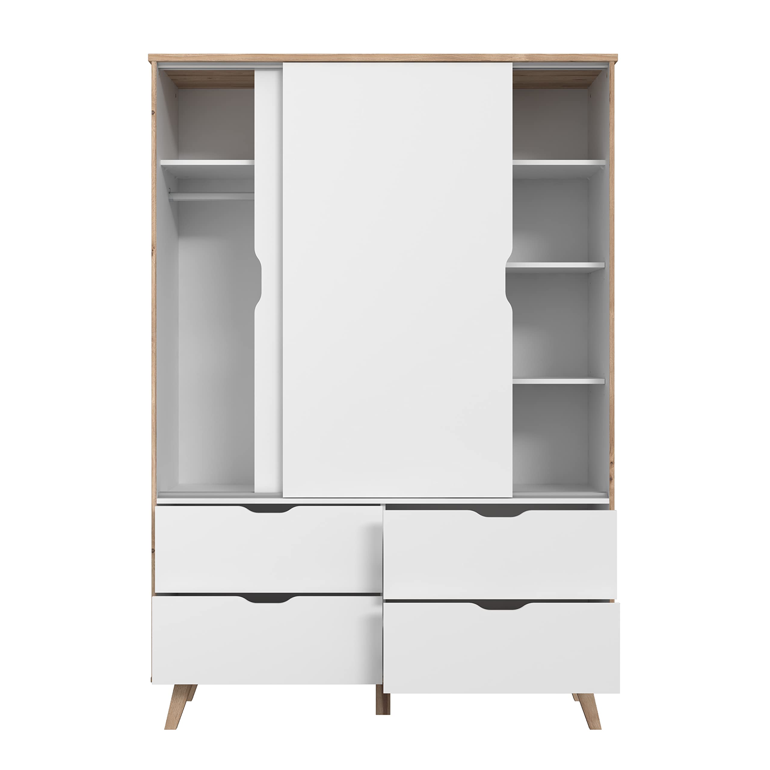 FORTE VANKKA Schrank 140 Kleiderschrank Schiebetüren Skandinavischer Stil 2-türig mit 4 Schubladen Schlaf- oder Kinderzimmer Holzdekor: Eiche mit Weiß 139 cm breit x 201.5 cm hoch x 53 cm tief
