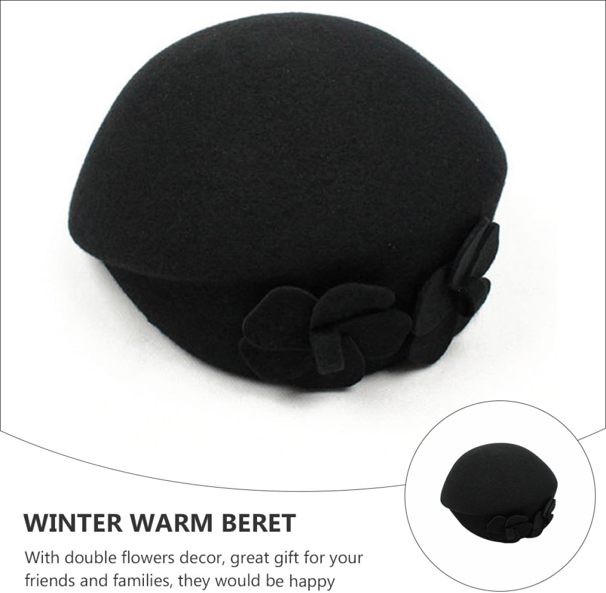 Double Flower Woolen Beret Hat for Women Winter Warm Ladies Beret Black Wool Blend Casual Everyday Fashion Accessory
