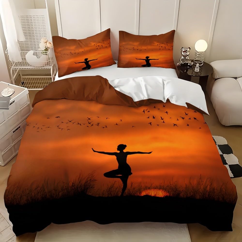 Housse de couette 240x220 orange avec 2 taies d'oreiller en microfibre silhouette artistique