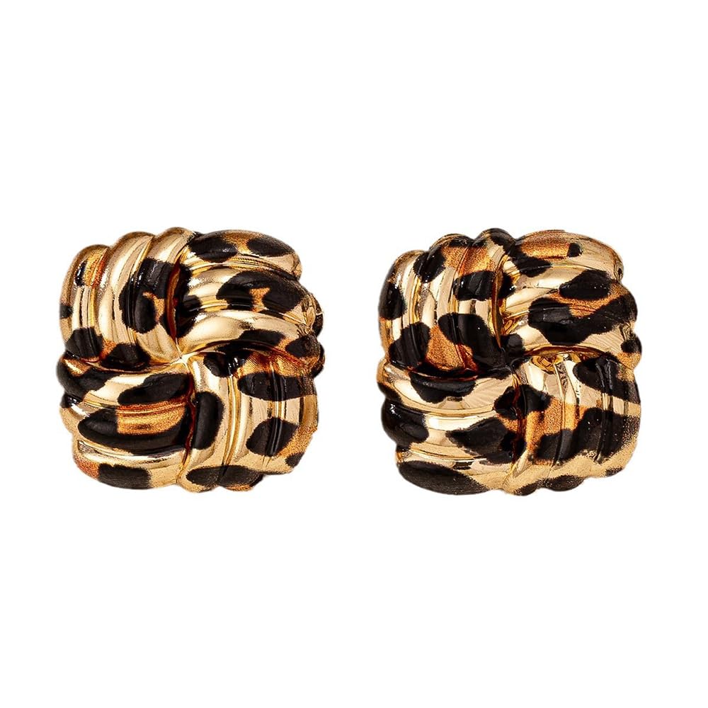 Retro Geometric Rectangle Leopard Print Stud Earrings for Women Gold Plated Vintage Square Animal Print Statement Studs Hypoallergenic Unique Design