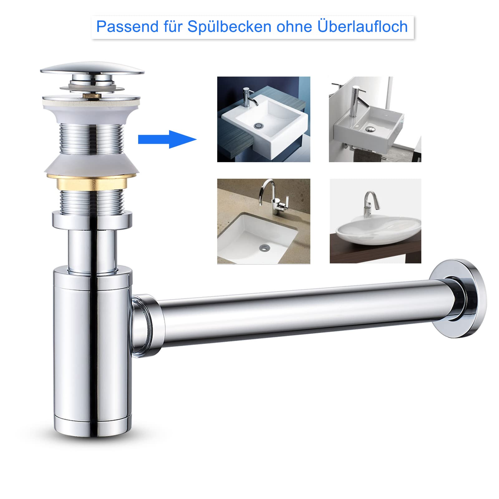 Sifone e valvola pop up per lavandino, rubinetto di scarico senza troppopieno, tappo di scarico, sifone per lavandino, piletta scarico lavabo, cromato
