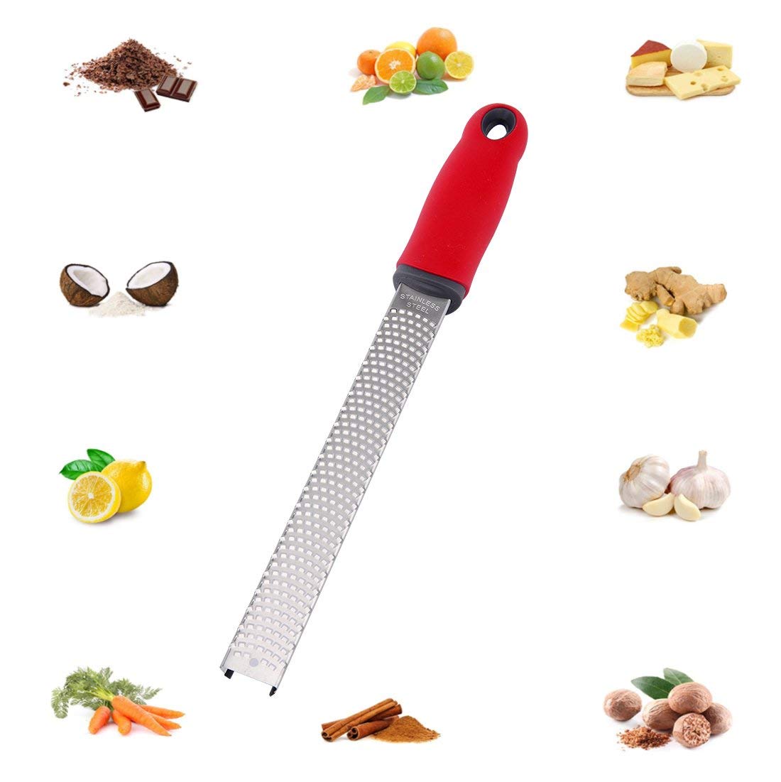 Lemon Zester & Cheese Grater 13 Inch Stainless Steel Zester with Protective Cover Ginger, Garlic, Fruits & Vegetables (Red)