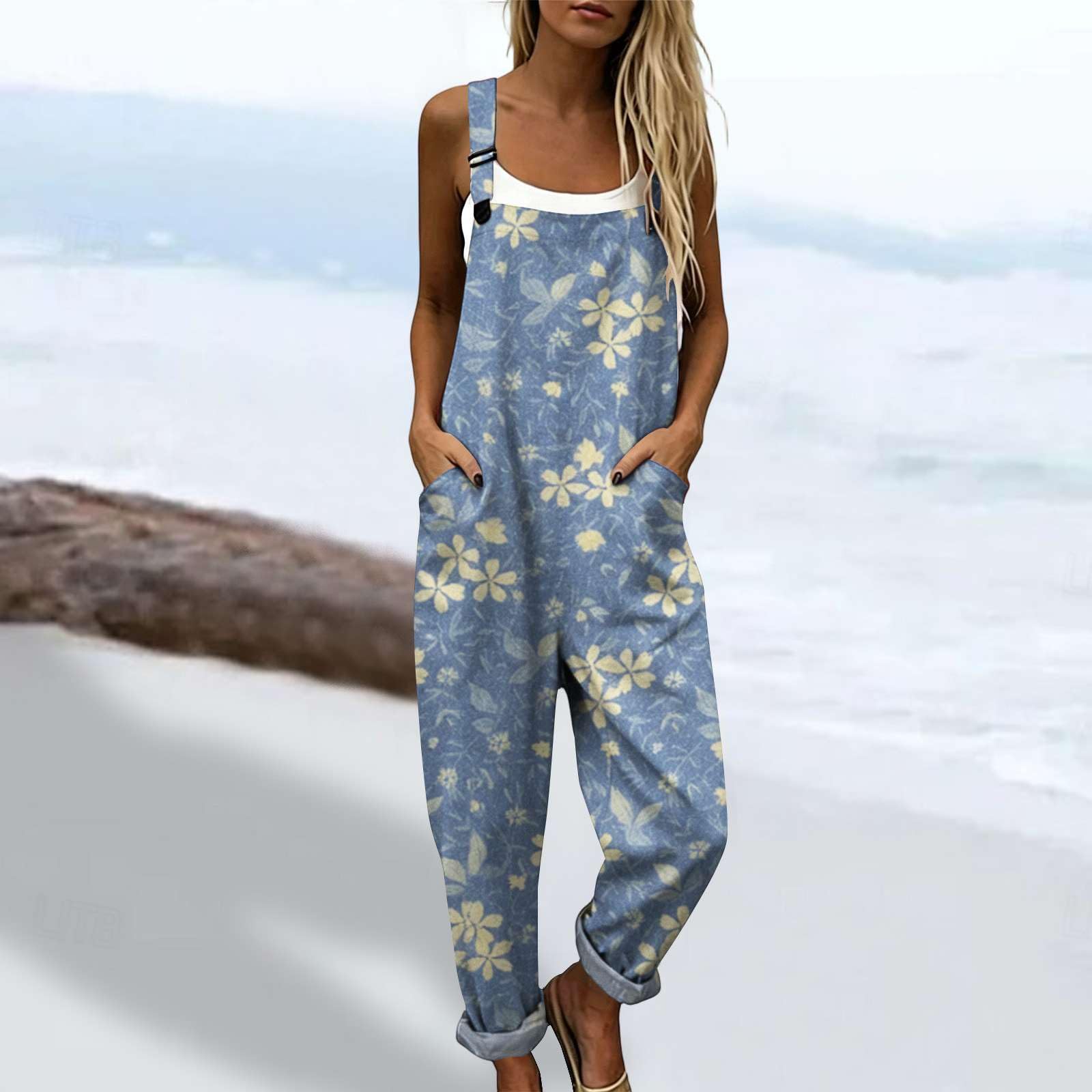 Generico Salopette Donna Estiva Lunga in Lino Elegante Tuta Intera Curvy con Stampa Boho Chic Jumpsuit Pantaloni Gamba Larga Senza Maniche Moda Baggy Cotone Taglie Forti Mare Vacanza Comoda