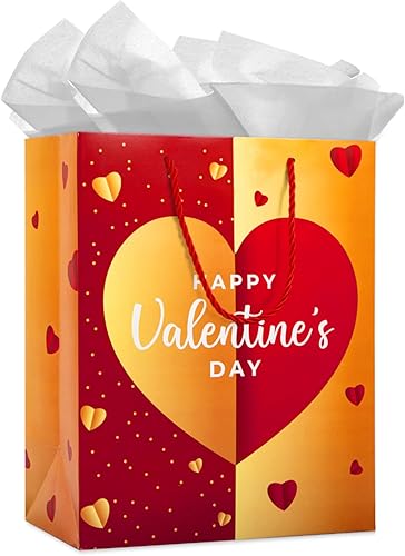 WhatSign Bolsas de regalo para el día de San Valentín, bolsas de regalo grandes de 11.5 pulgadas con papel de seda y tarjeta, bolsas de regalo de