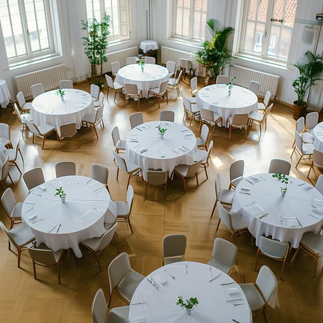 Image of Niuara White Plastic Table Cloth - 4 Pack 84 inch Round Disposable Tablecloths for Round Tables, Table Cover for Holiday Parties & Gatherings