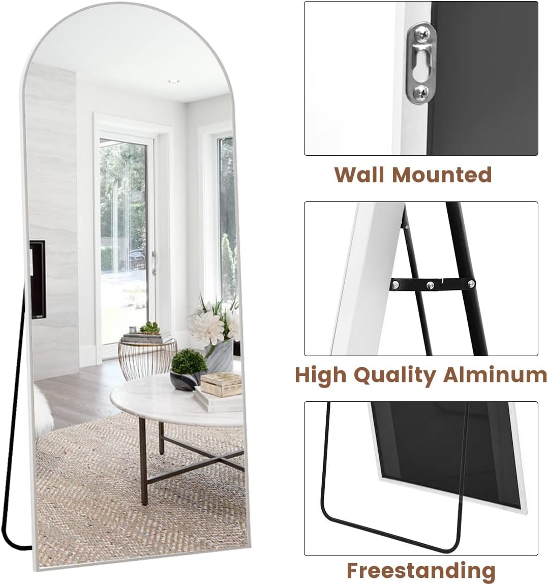 Mirror Full Length, 71"x26" Arched Full Length Mirror, Arch Mirror with Stand, Large Standing Mirrors, Oversized Full Body Mirrors with Aluminum Frame for Bedroom, Living Room (White)
