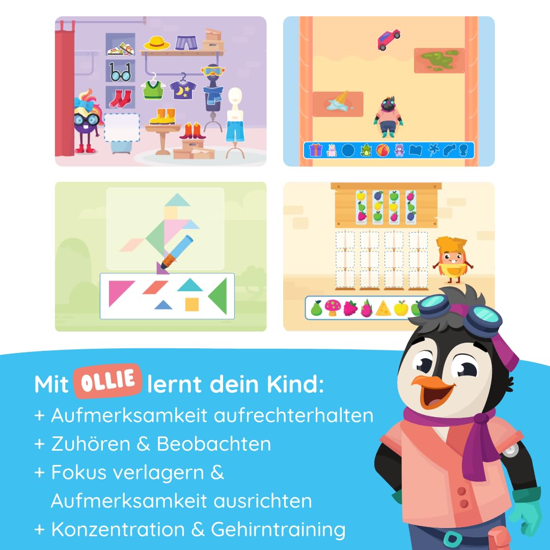 Edurino Figura Ollie Atención y concentración a partir de 4 años, incluye aplicación | Juego educativo innovador y digital | Mantener la atención | Escuchar y observar | Concentración y entrenamiento