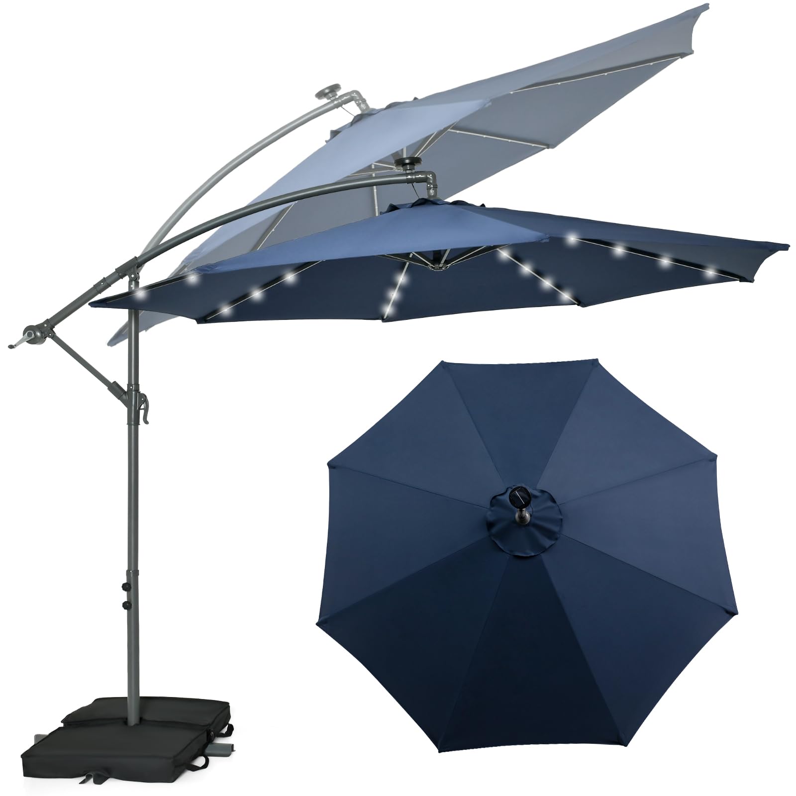 KOMFOTTEU Parasol przeciwsłoneczny LED o średnicy 300 cm, parasol przeciwsłoneczny z workami na piasek i korbą, parasol ogrodowy, składany z możliwością pochylenia, parasol tarasowy z ochroną przed