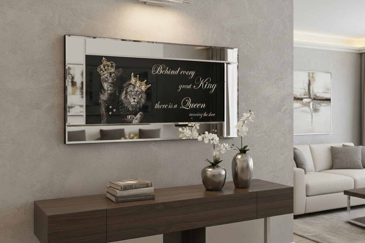 Biznest 3D Liquid Glitter Art Work Mirrored Frame Lion Royal Family Golden Crown Diamante Wall Hung Glass King Queen Cubs Black Gold Landscape 85 X 45 Cm (BEHIND GREAT KING THERE IS QUEEN (Gold))