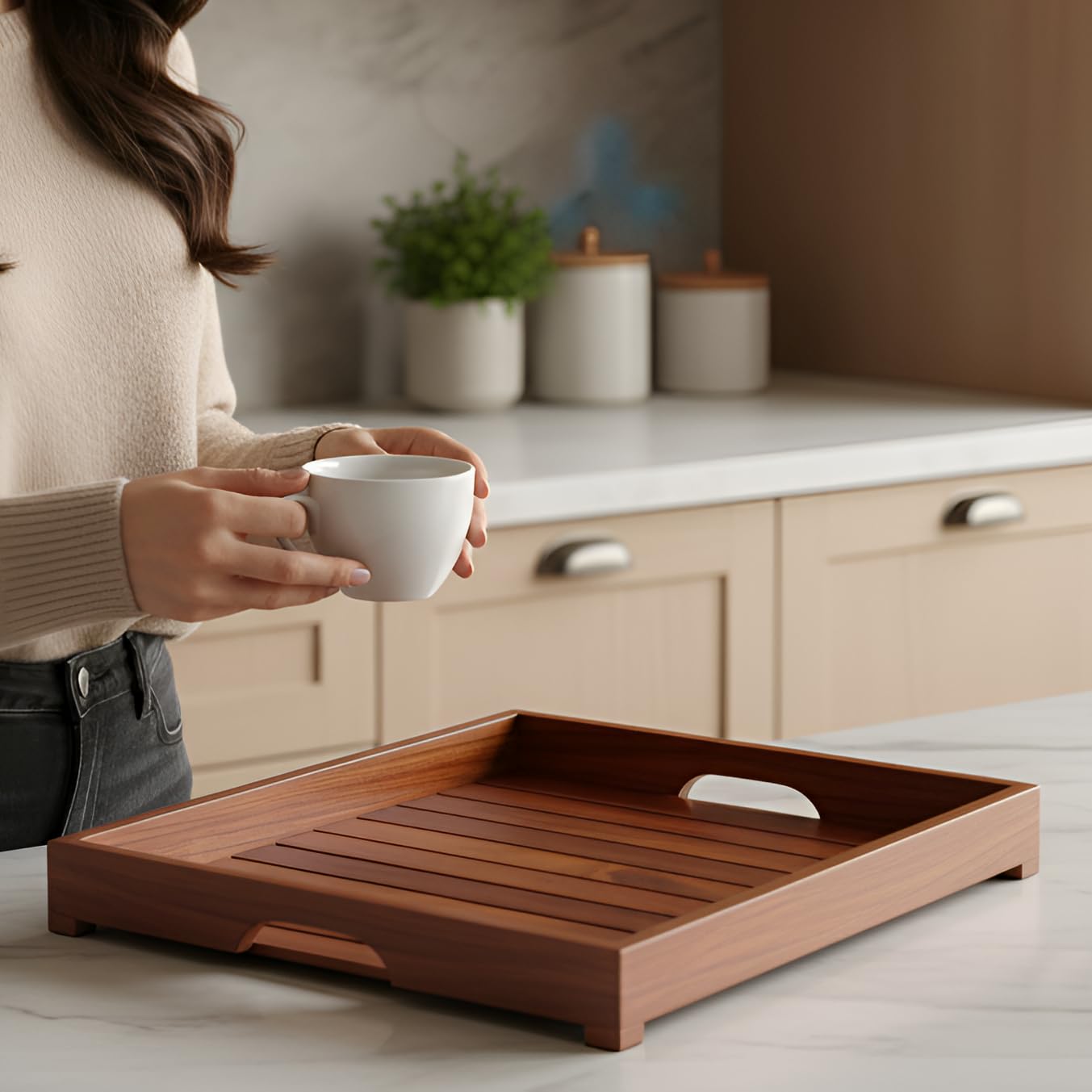 Sheesham Vassoio da portata in legno per tavolo da pranzo rettangolare vassoio per colazione caffè vassoio da portata decorazione da tavolo, regali, confezione da 1 vassoio grande