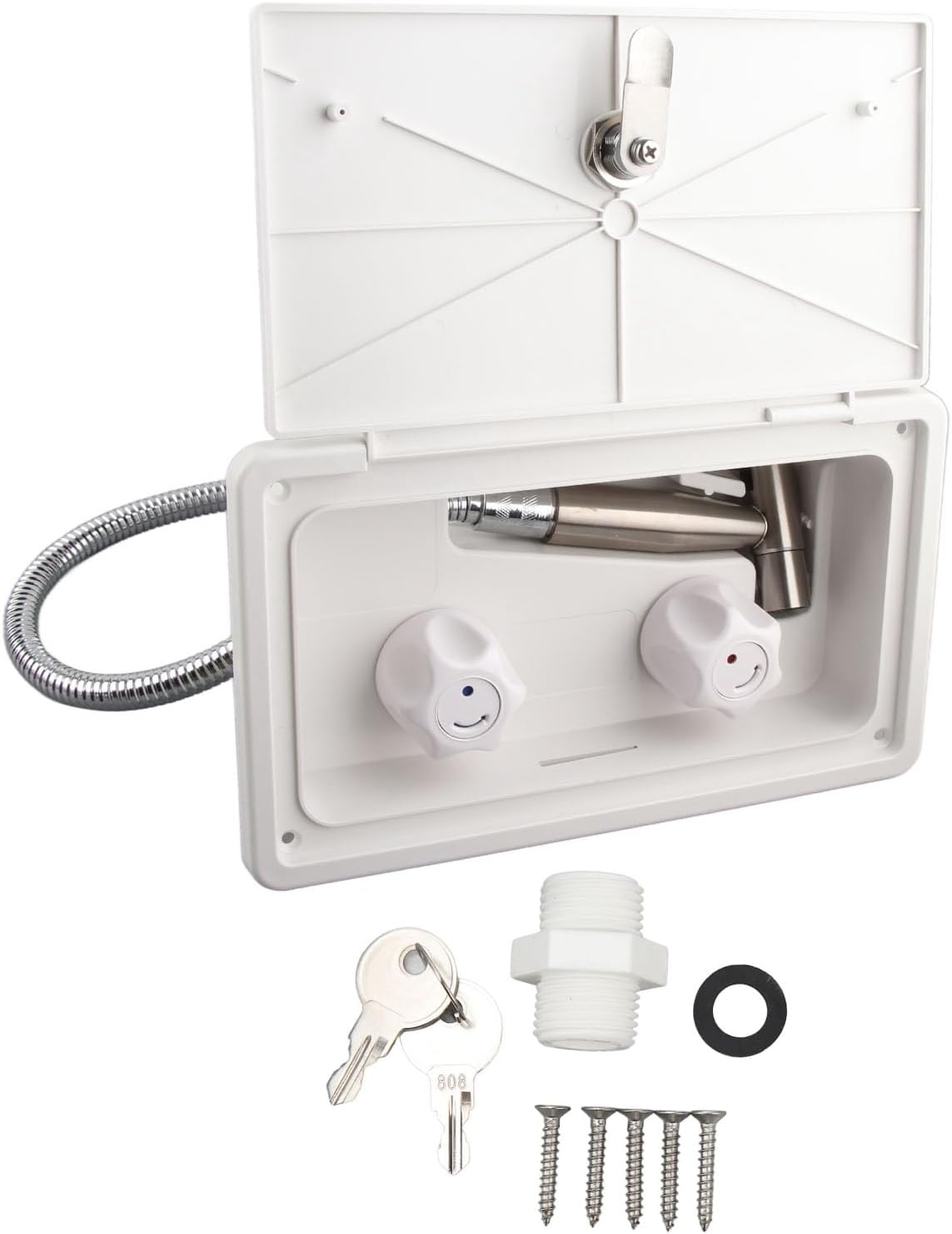 Tissting RV Exterior Shower Box Kit, 1.5m Metal Hose Shower Faucet Outdoor Washing Spray Box Set with Lock for RV Campervans Trailer Boats Caravans Yachts(#2)