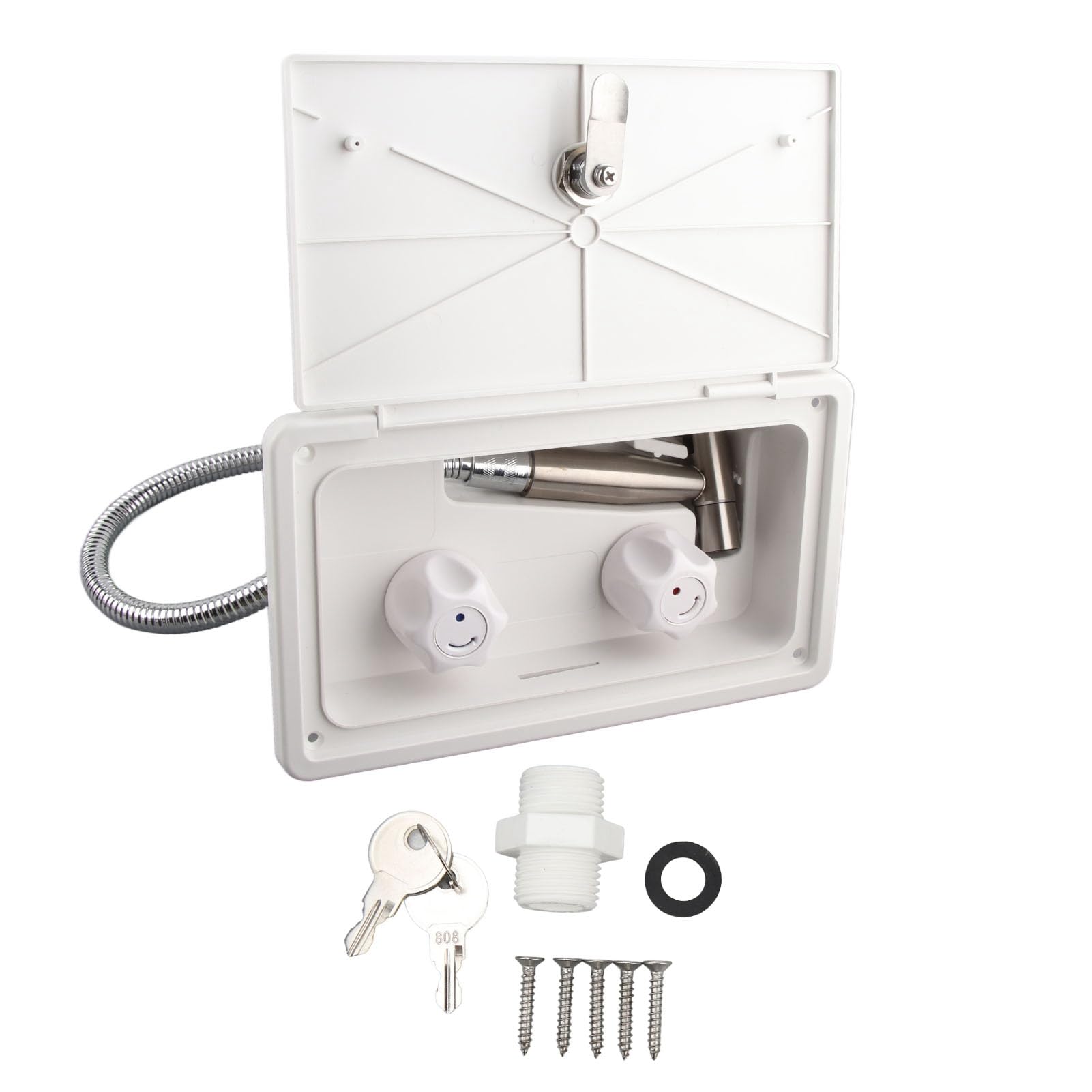 Akozon Kit de Caja de Ducha Exterior 1,5 M Manguera de Metal Al Aire Libre Lavado Spray Caja Conjunto para RV Autocaravanas Campervans (Blanco con Tubos Metálicos)