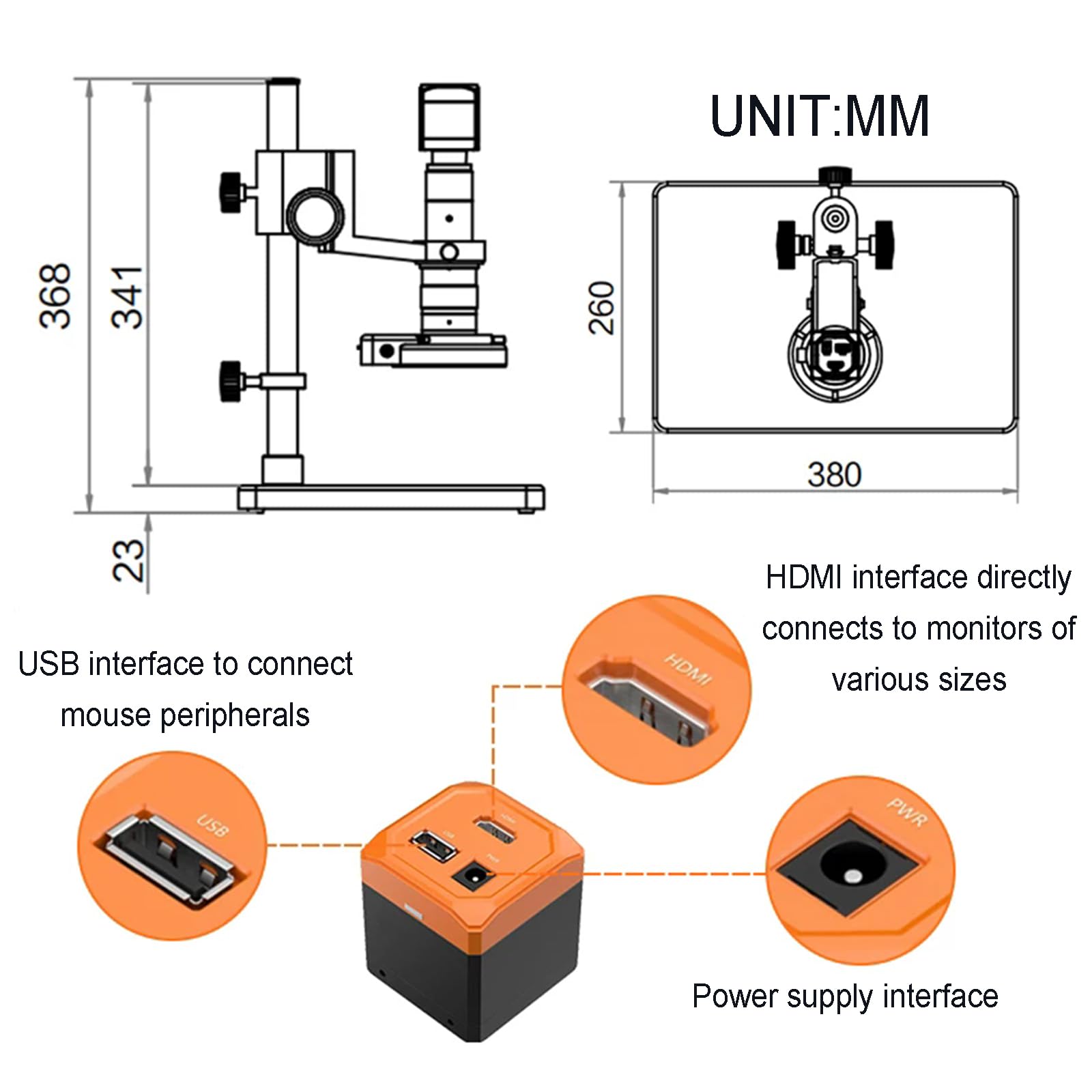 Mikroskop cyfrowy HDMI, obiektyw z ciągłym zoomem 2 MP 0,6-4,5x, z oświetleniem pierścieniowym LED, regulowany stojak, do naprawy elektroniki PCB, kontrola lutowania