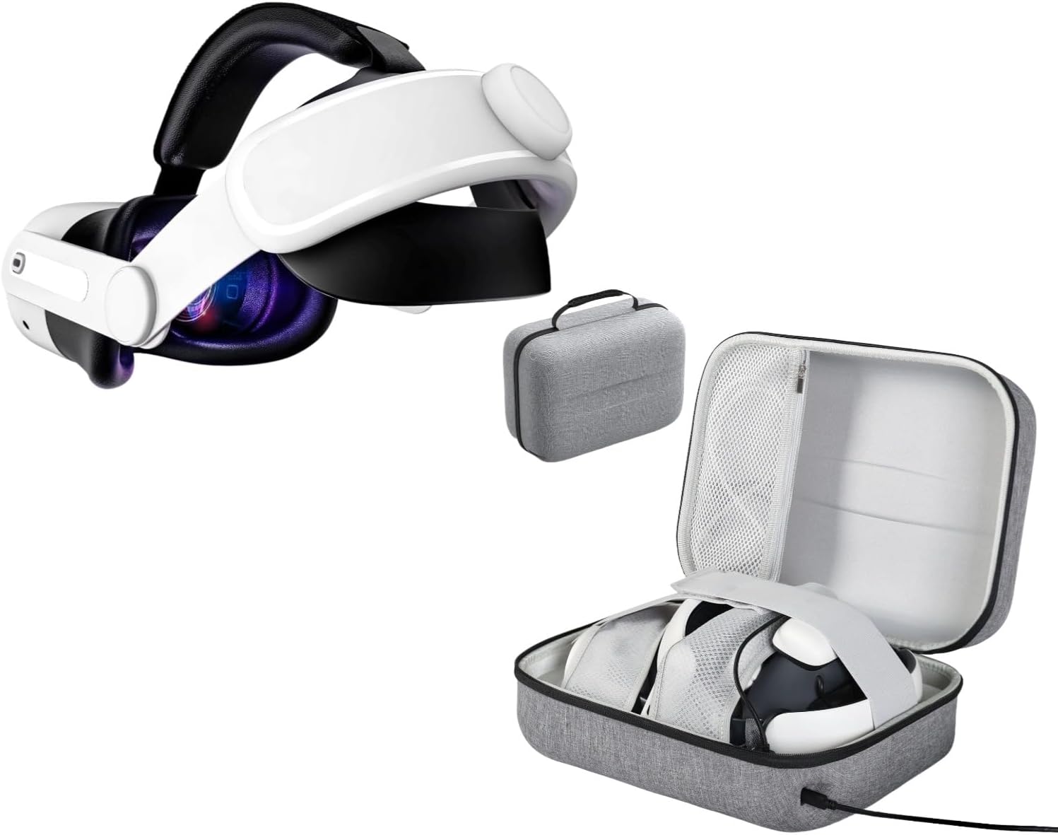 Head Strap for Meta Quest 3S/3 & Hard Carrying Case with Type-C Charging Cable, Compatible with Meta Quest 3S, Quest 3, Quest 2, Vision Pro