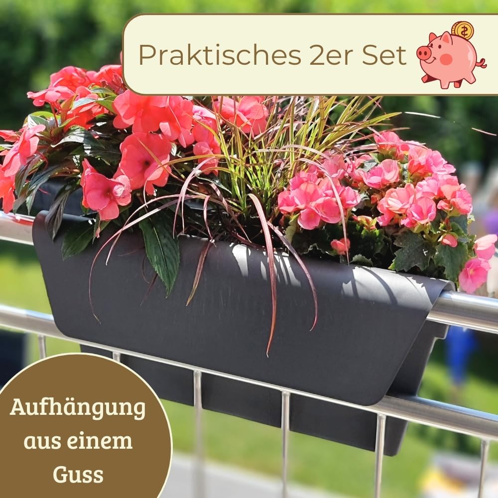 GarPet 2er Set Geländerkasten Balkon mit Wasserspeicher Blumentopf Zaun Blumenkasten Geländer Balkontopf Balkonkasten Blumenkasten Balkon Pflanzkasten Blumenkästen Anthrazit