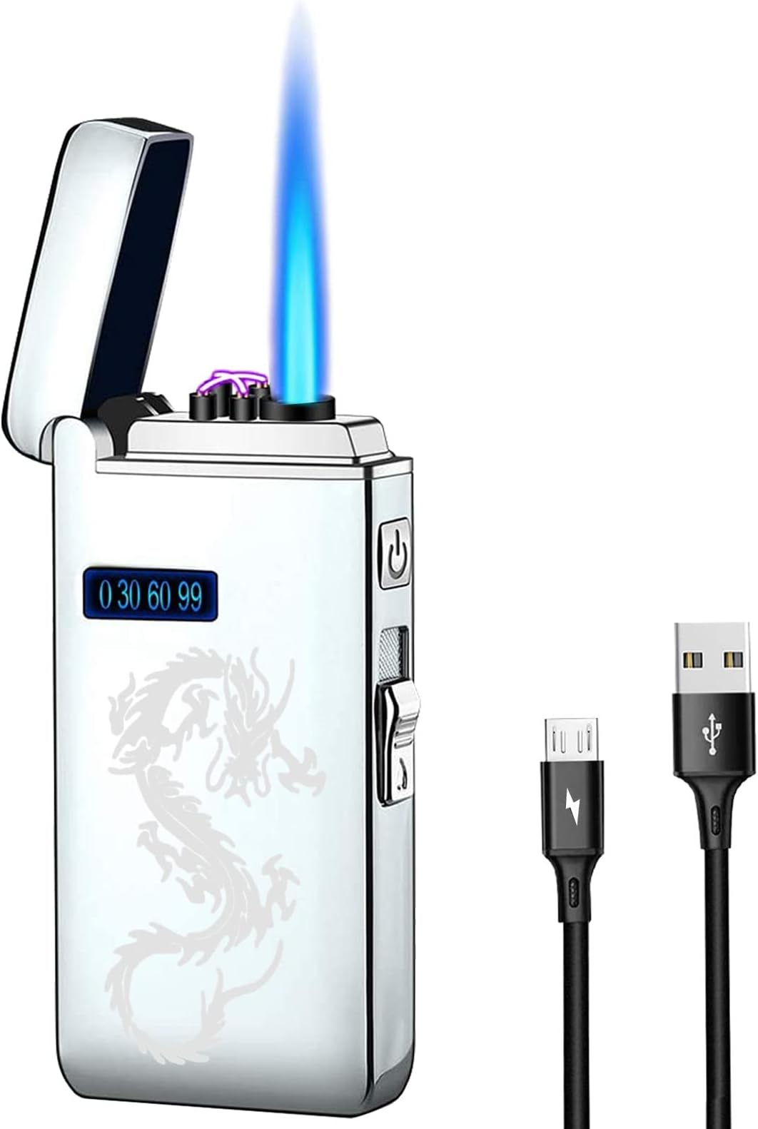 Dual Arc Lighter, Jet Flame Torch Lighter Electronic Lighter Refillable Butane 2 in 1, USB Rechargeable Lighter with Battery Indicator Windproof Infinity Plasma Electric Lighter (Silver Dragon)