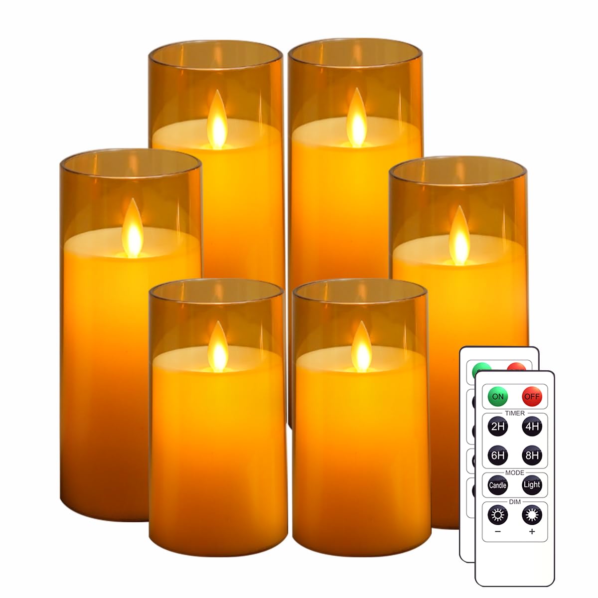 LTETTES Flameless LED Electric Candles with Acrylic Amber Golden Glass and Dancing Faux Wick | Set of 6-4",5",6" x 3" Diameter| AA Battery Powered with Remote Controller and Timer for Home Décor