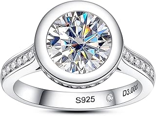 Moissanite Engagement Rings, 3.32 CTTW Bezel Setting Round Lab Created Diamond Promise Rings in 14K White Gold Plated Sterling Silver, Anniversary Rings for Women