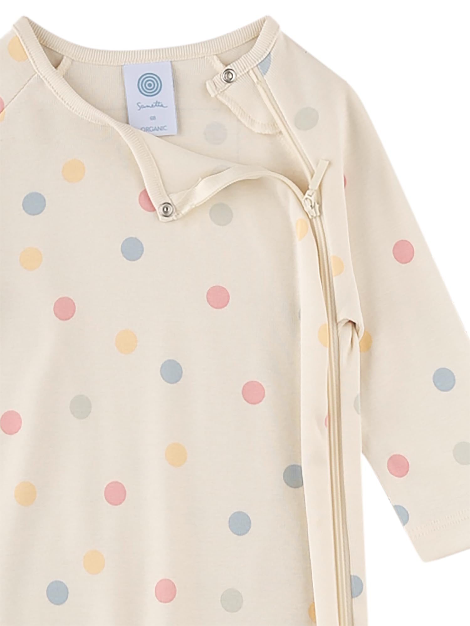 Sanetta Baby-Strampler beige bunte Dots | Praktischer und bequemer Strampler aus 100% Bio-Baumwolle für Mädchen.