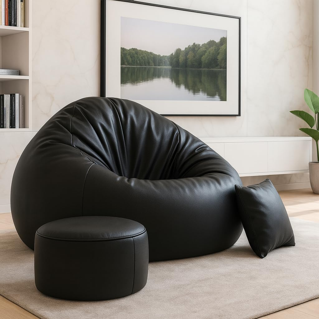 Sattva Classic 5XL Combo Bean Bag with Footstool & Cushion | Faux Leather Teardrop Bean Bag for Adults & Teens | Pre-Filled with Beans | Home, Bedroom, Living Room, Office – Black