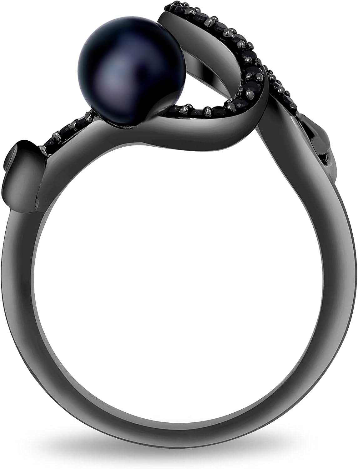 Jewelili Enchanted Disney Fine Jewelry Sterling Silver 6.5 MM Black Round Pearl and 1/5 Cttw Treated Black Round Diamond Ursula Ring