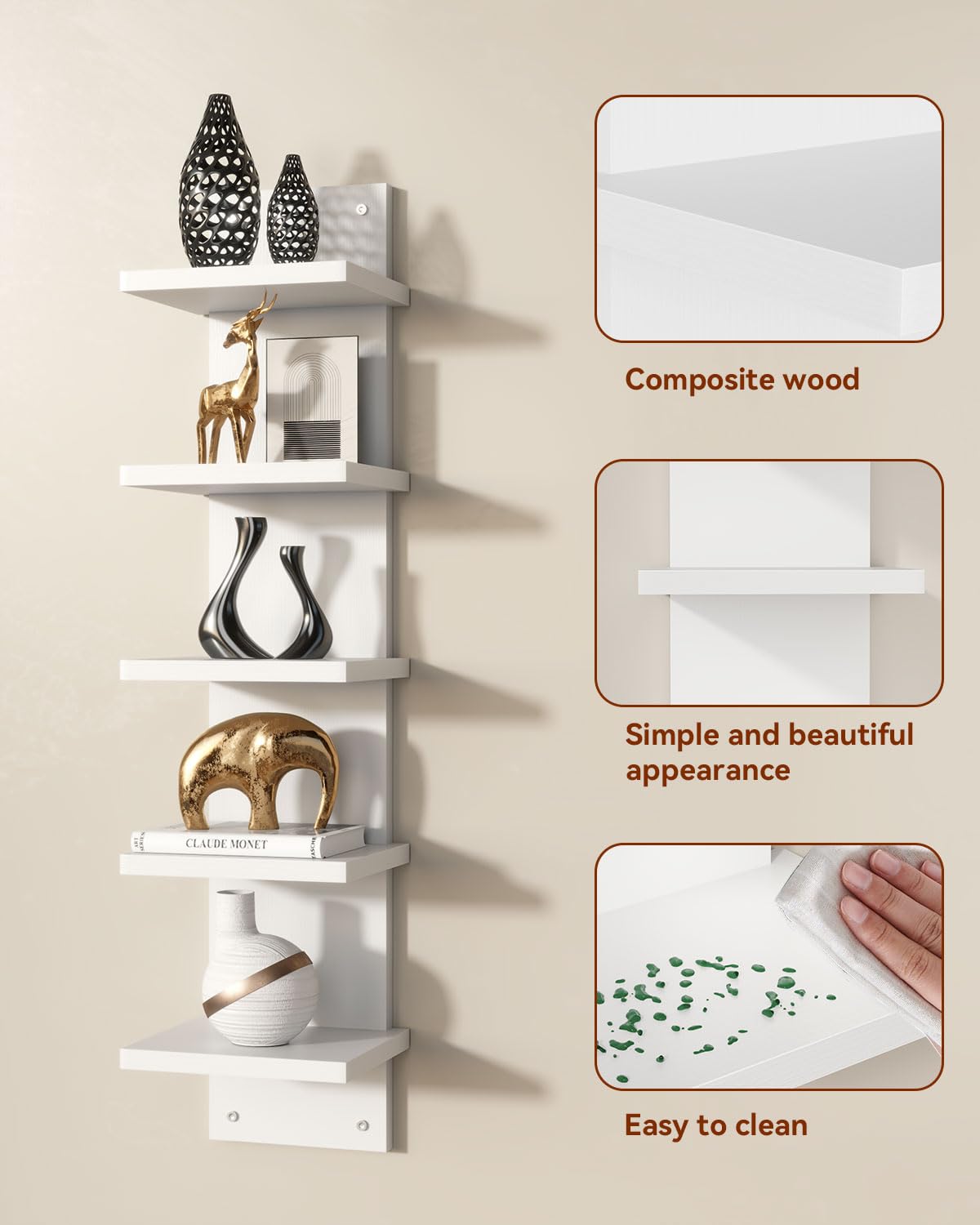 IBUYKE WBC009W-2 Mensole a muro a 5 livelli, mensola verticale bianca, mensola decorativa da parete per la casa, la camera, l'ufficio