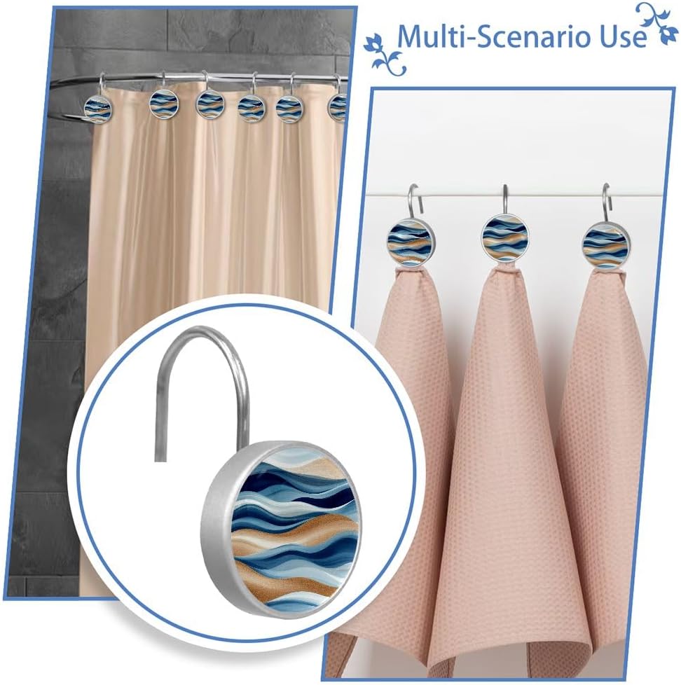 12 Pcs Shower Curtain Hooks, Blue Golden Wave Marble Rustproof Decorative Metal Round Shower Curtain Hangers Rings for Bathroom Bedroom Living Room Rods