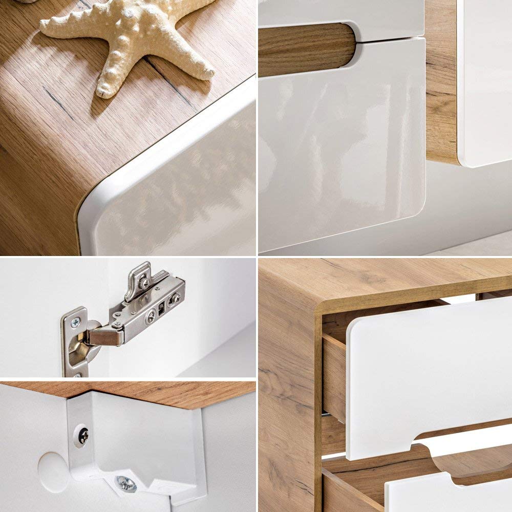Lomadox Badmöbel Waschbeckenschrank Waschtisch-Unterschrank 60 cm Hochglanz weiß mit Wotan Eiche Nb., 2 Softclose-Schubkästen, B/H/T ca. 60/53/46 cm