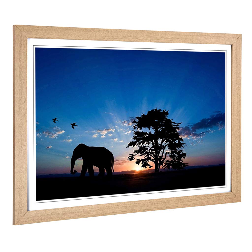 Big Box Art Framed Print of Elephant & Birds Evening Sunset Design | Wall Art Picture | Home Decor for Kitchen, Living Room, Bedroom, Hallway, Oak, A2 / 24.5x18 Inch / 62x45cm