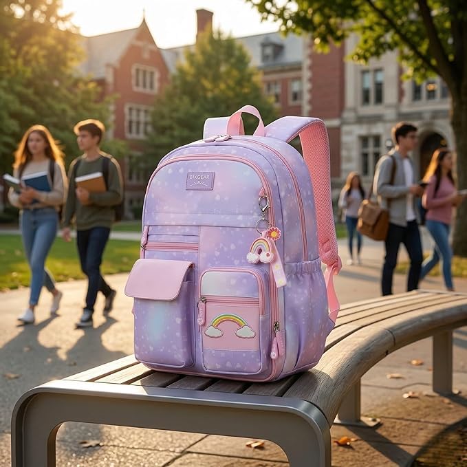 Image of Girls School Backpack Cute Pink Pastel Gradient Bag with Multiple Compartments Lightweight Durable Bookbag for Kids Students (purple bag)