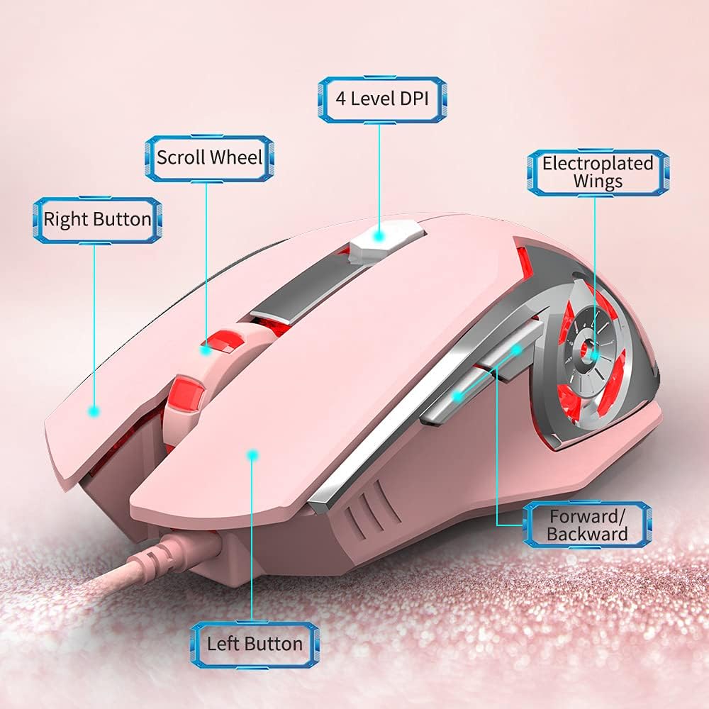 NACODEX AJ120 Wired Gaming Mouse Programmable 6 Buttons, 4 Adjustable DPI Up to 8000 for Window PC Gamer with Electroplating Wings Design (Pink)