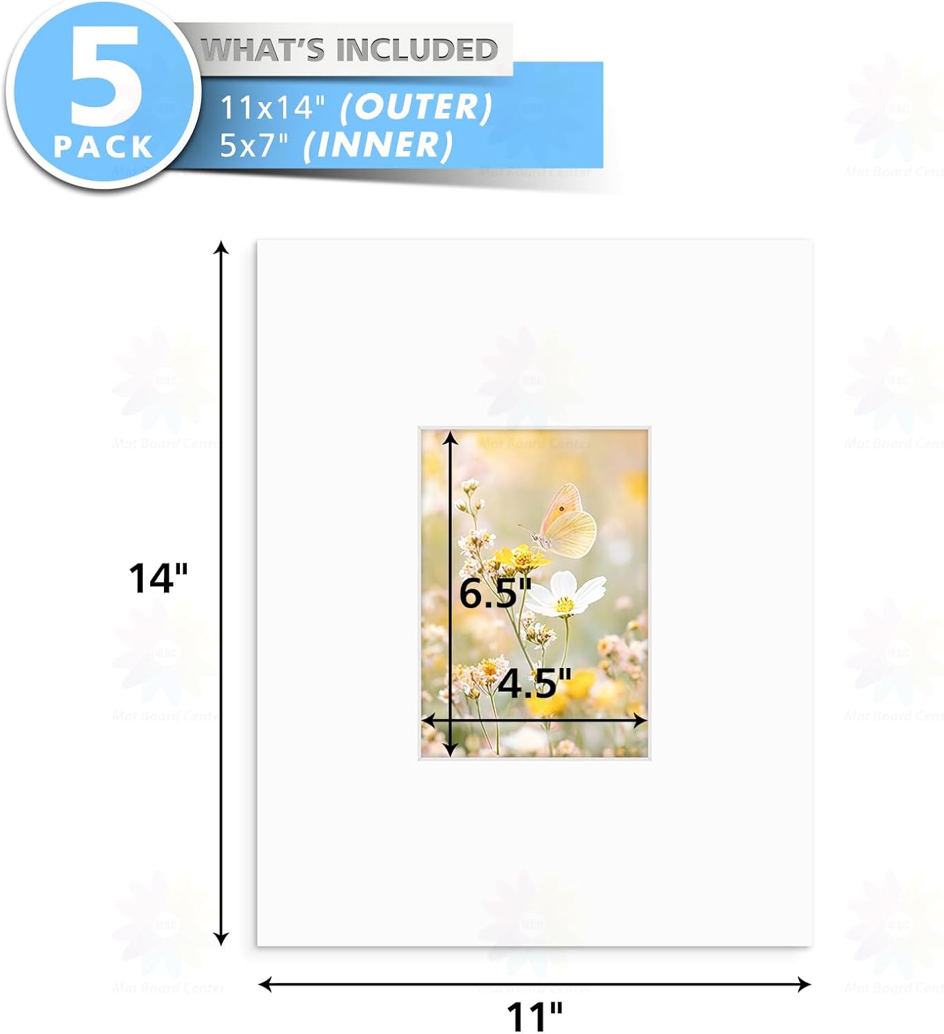 MBC Mat Board Center, 5 Pack 11x14 for 5x7 White Picture Mats Frame Mattes, Bevel Cut, Acid Free, 4-ply Thickness
