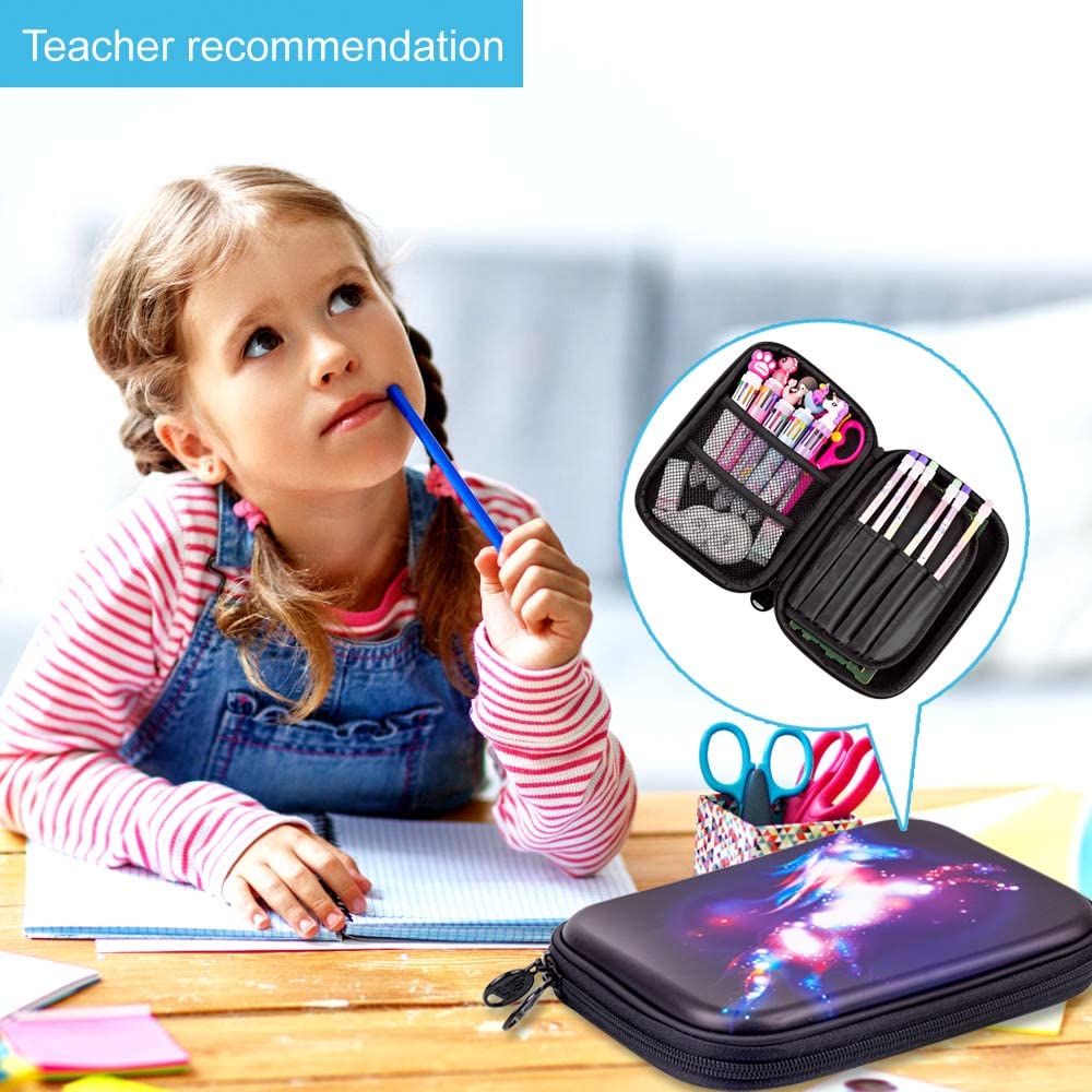 KLFVB Cute Unicorn Pencil Box for Kids?Big Capacity Girls Black Pencil Case for School Gift
