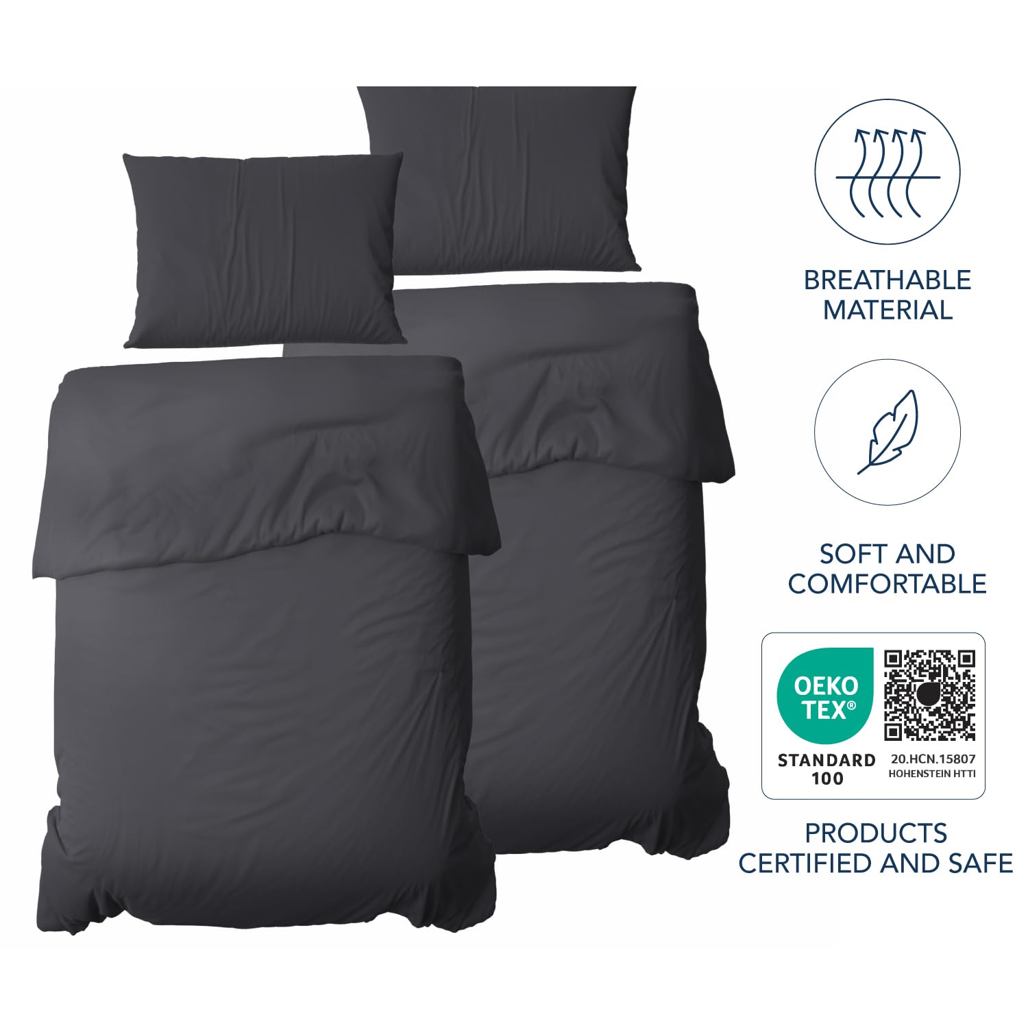 Dreamzie 2 Copripiumino Singolo 135x200 cm con 2 Federe 80x80 cm - Grigio Scuro - Set Copripiumino Singolo 135x200
