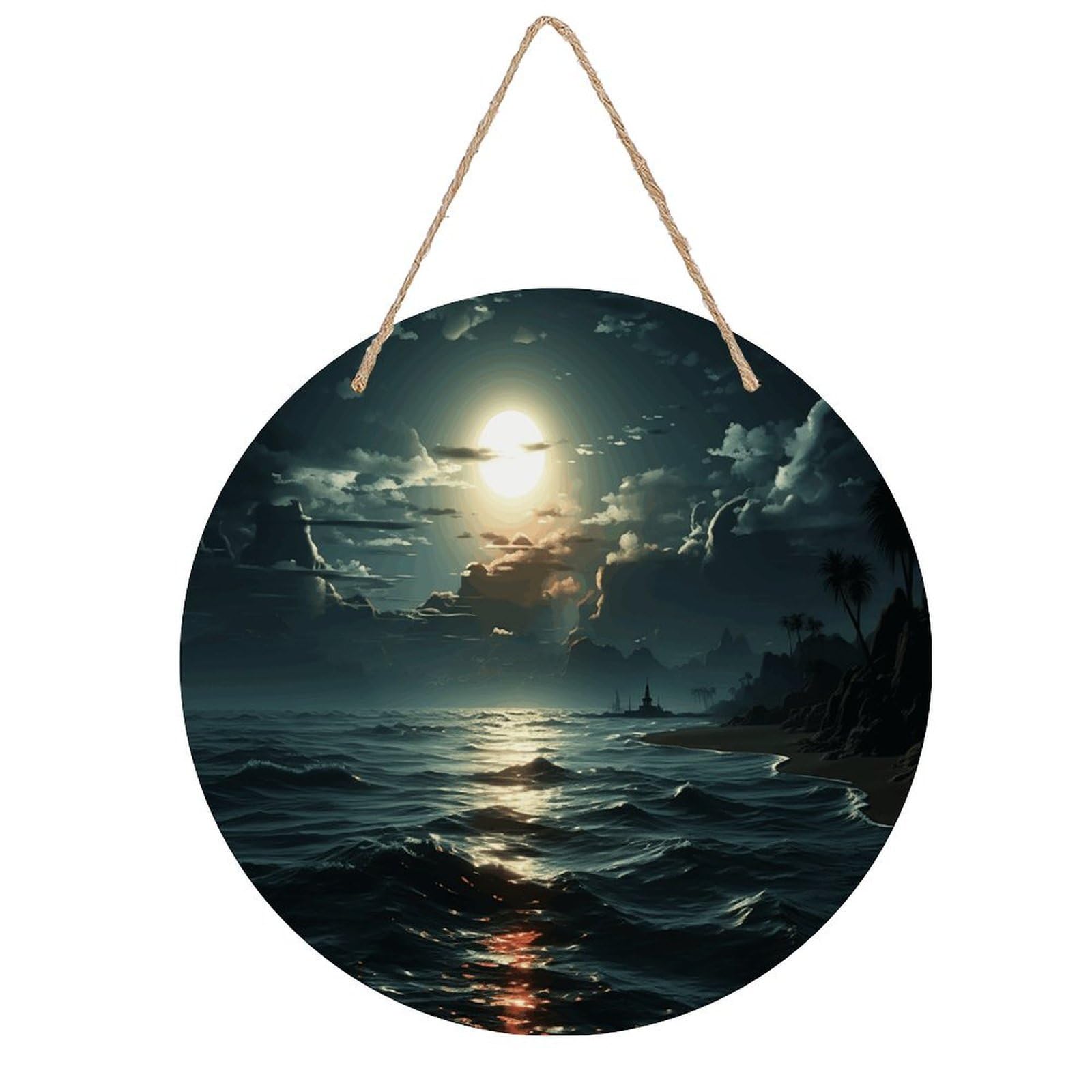 Adfgyerh Style Sea Moon Room Decor，Round Wooden Board Painting，Wall Art，Easy To Hang，Wall Decor ，Suitable For Homes, Offices, Holidays, Bars, Cafes, And Other Venues.