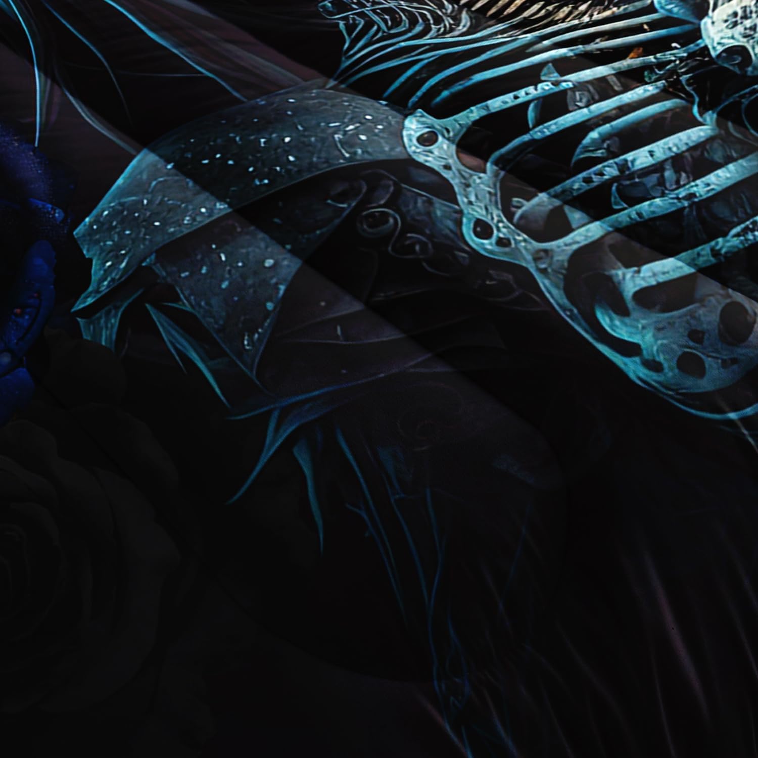 AILONEN Sugar Skull Comforter Set Queen Size,Skull Couple Skeleton Bones Bedding Set,3D Blue Rose Skull Bed in a Bag Goth Duvet Set 3 Pieces, 1 Quilt and 2 Pillowcases