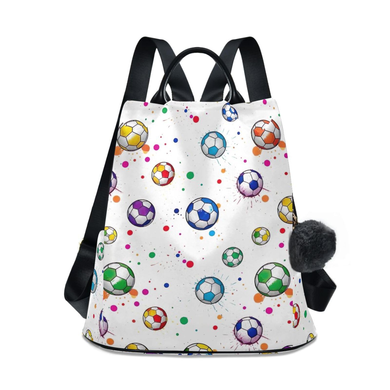 Mochila para mujer linda de moda con estampado fútbol y pompón 8
