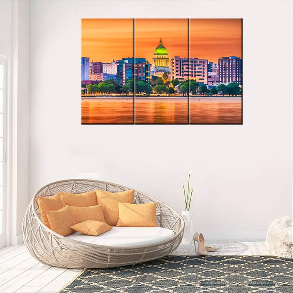 TUMOVO Madison Skyline Wall Art Madison Canvas Print Madison Canvas Wisconsin Landscape Multiple Sizes Gallery Wrapped Canvas on Pine Wooden Frame Ready to Hang - 24‘’ x 12‘’ x 3 Panels